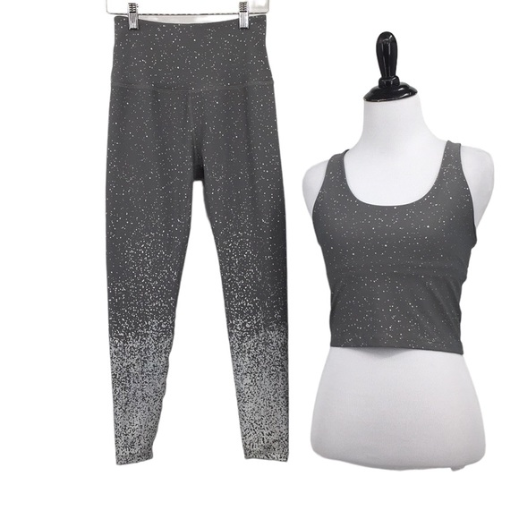 Beyond Yoga Gray Paint Splatter Leggings Tank Top Set Womens Small Gym Workout - Picture 1 of 16